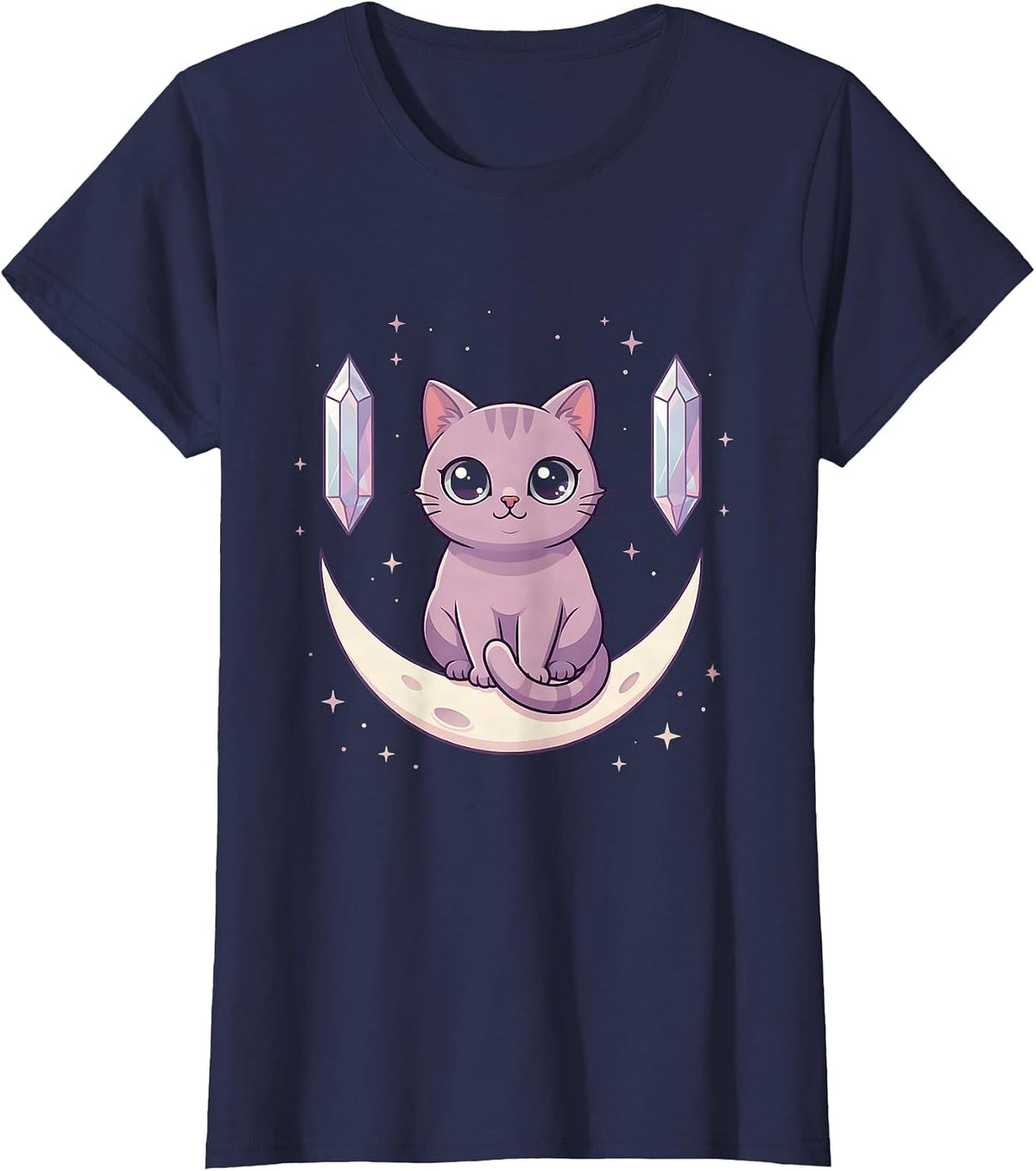 Women's Round Chibi Cat Pastel Goth Kawaii Horror T-Shirt - Navy Blue