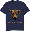 Keep Calm and Moo Highland Cow Design T-Shirt - Navy Blue