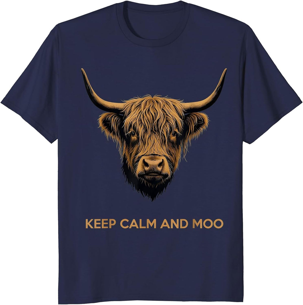 Keep Calm and Moo Highland Cow Design T-Shirt - Navy Blue
