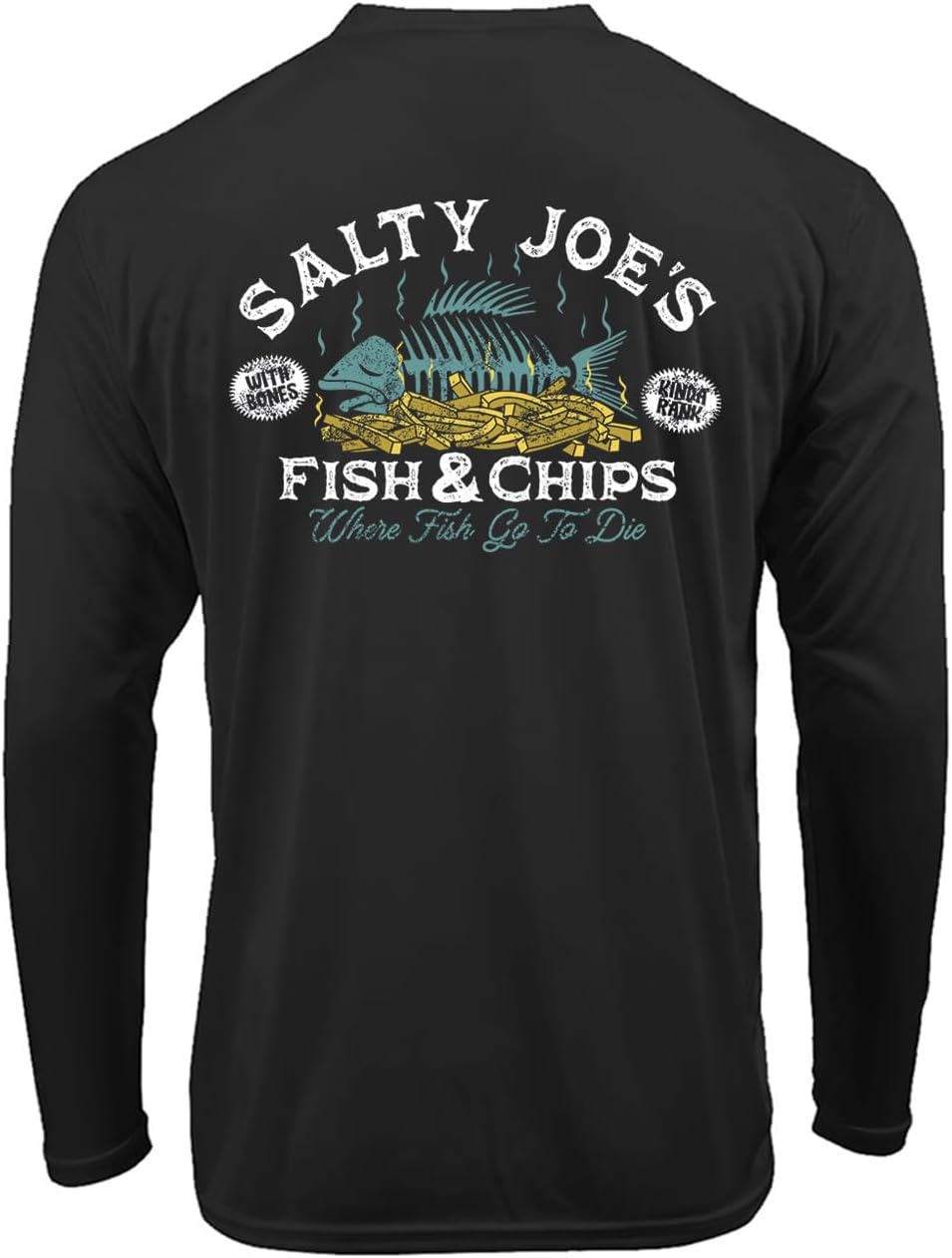 SALTY JOES UPF 50 Graphic Long Sleeve Performance Fishing Shirt Collection - Black \/ Fish N' Chips Logo