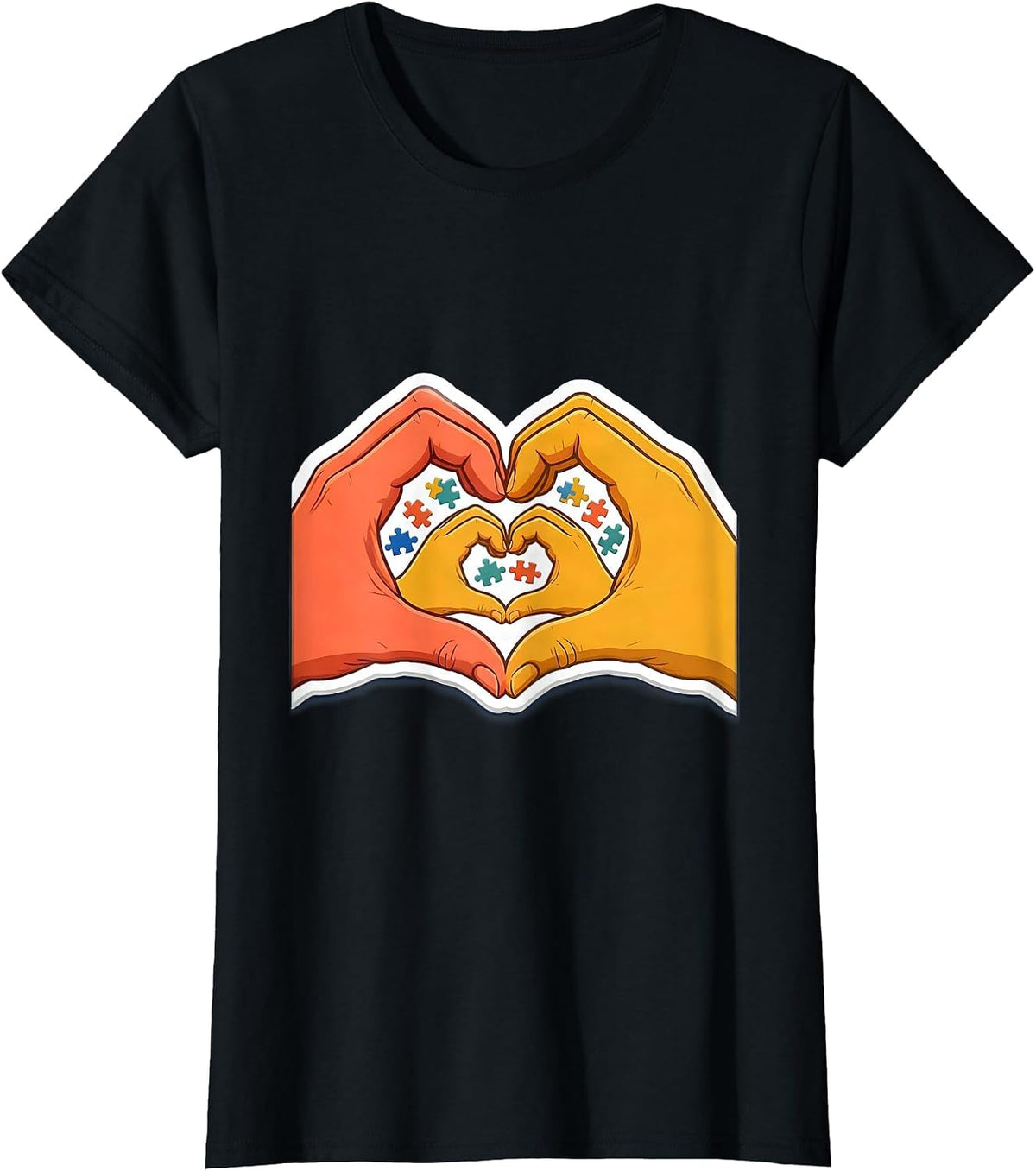 Women's Special Education Heart Hands Illustration T-Shirt - Black