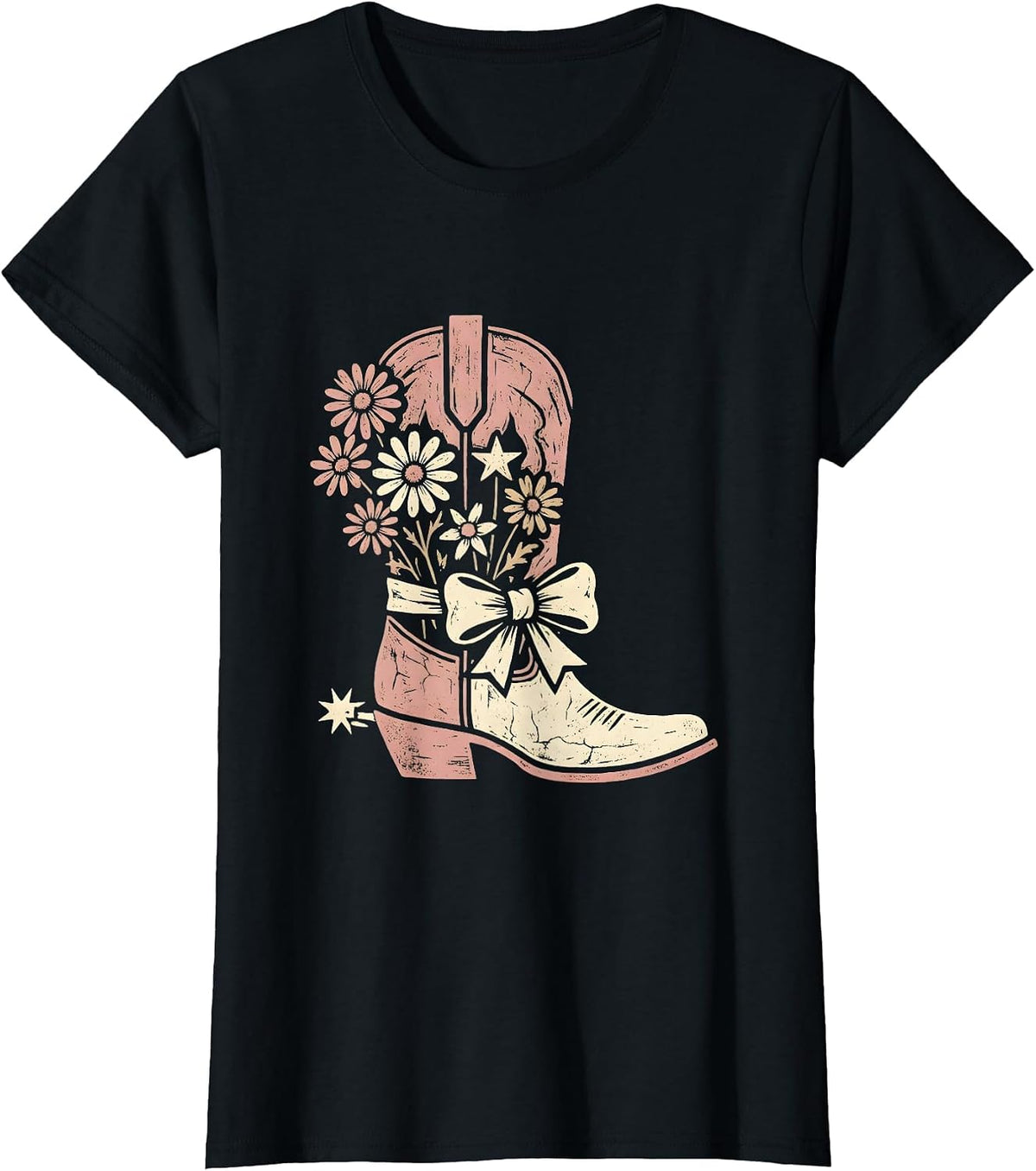 Cowgirl Boots Spurs and Wildflowers Rodeo Design T-Shirt - Black