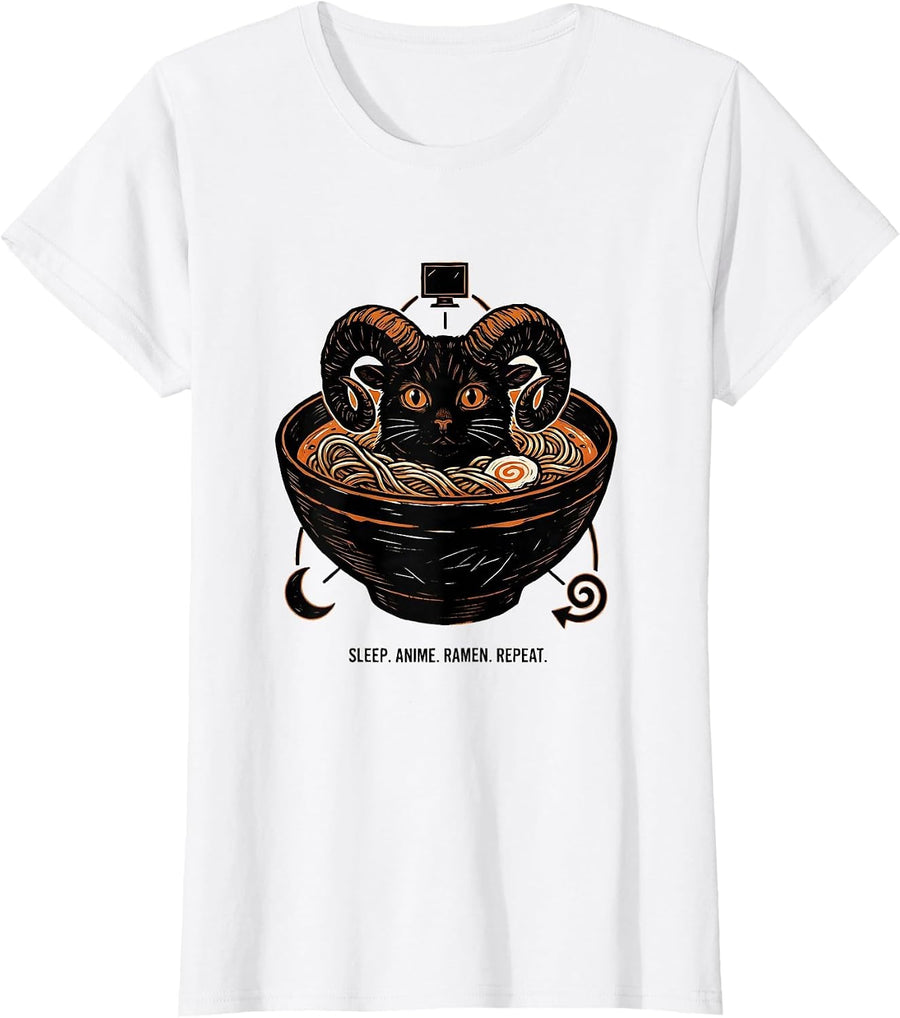 Women's Sleep. Anime. Ramen. Repeat. Funny Kawaii Cat Anime Gift T-Shirt - White