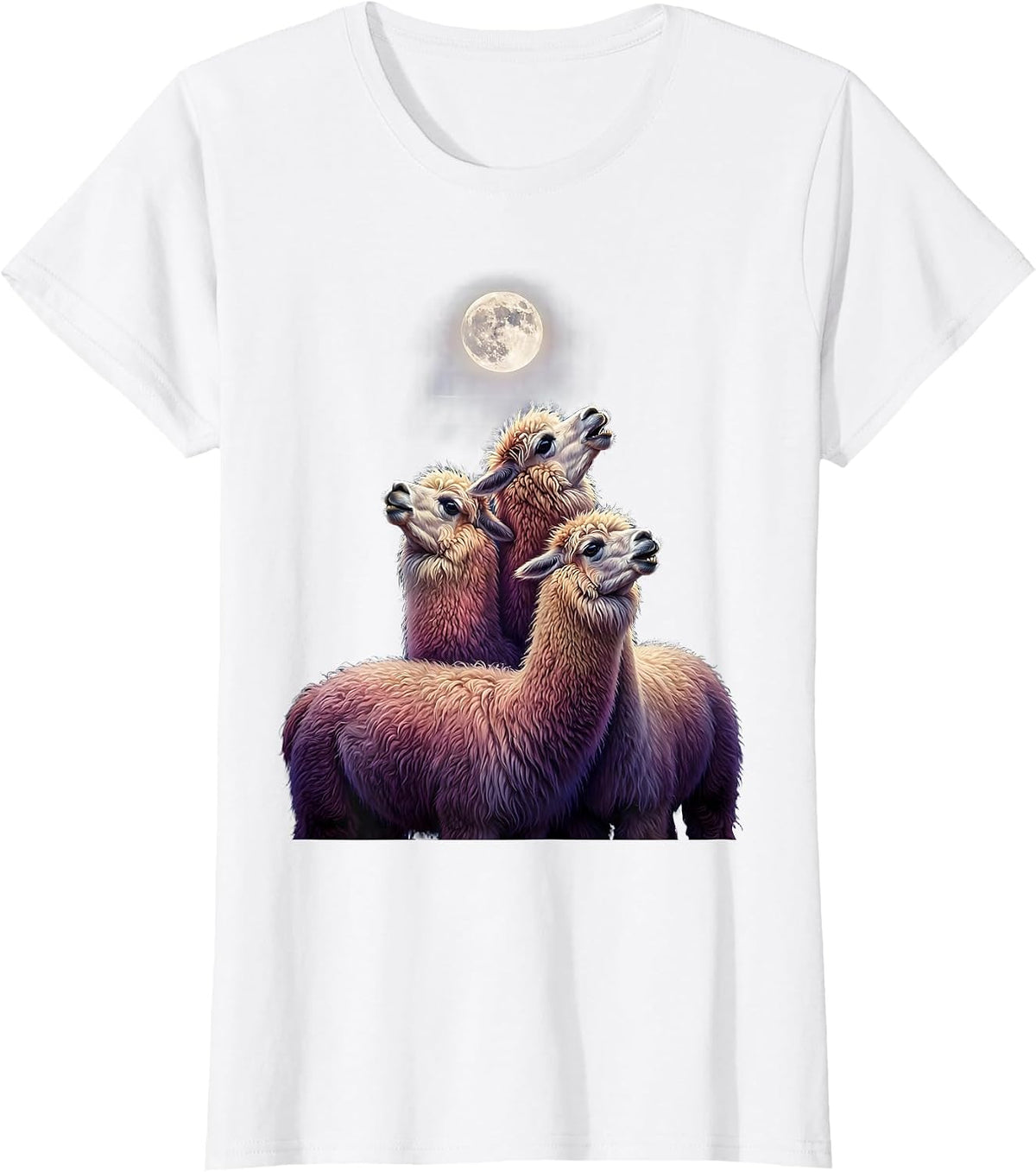 Women's Three Alpaca Moon Howling Absurd Meme Humor T-Shirt - White