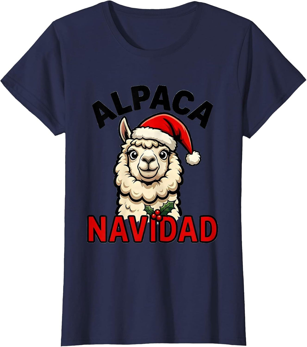 Women's Alpaca Navidad Funny Cartoon Christmas Pun Novelty Gift T-Shirt - Navy Blue