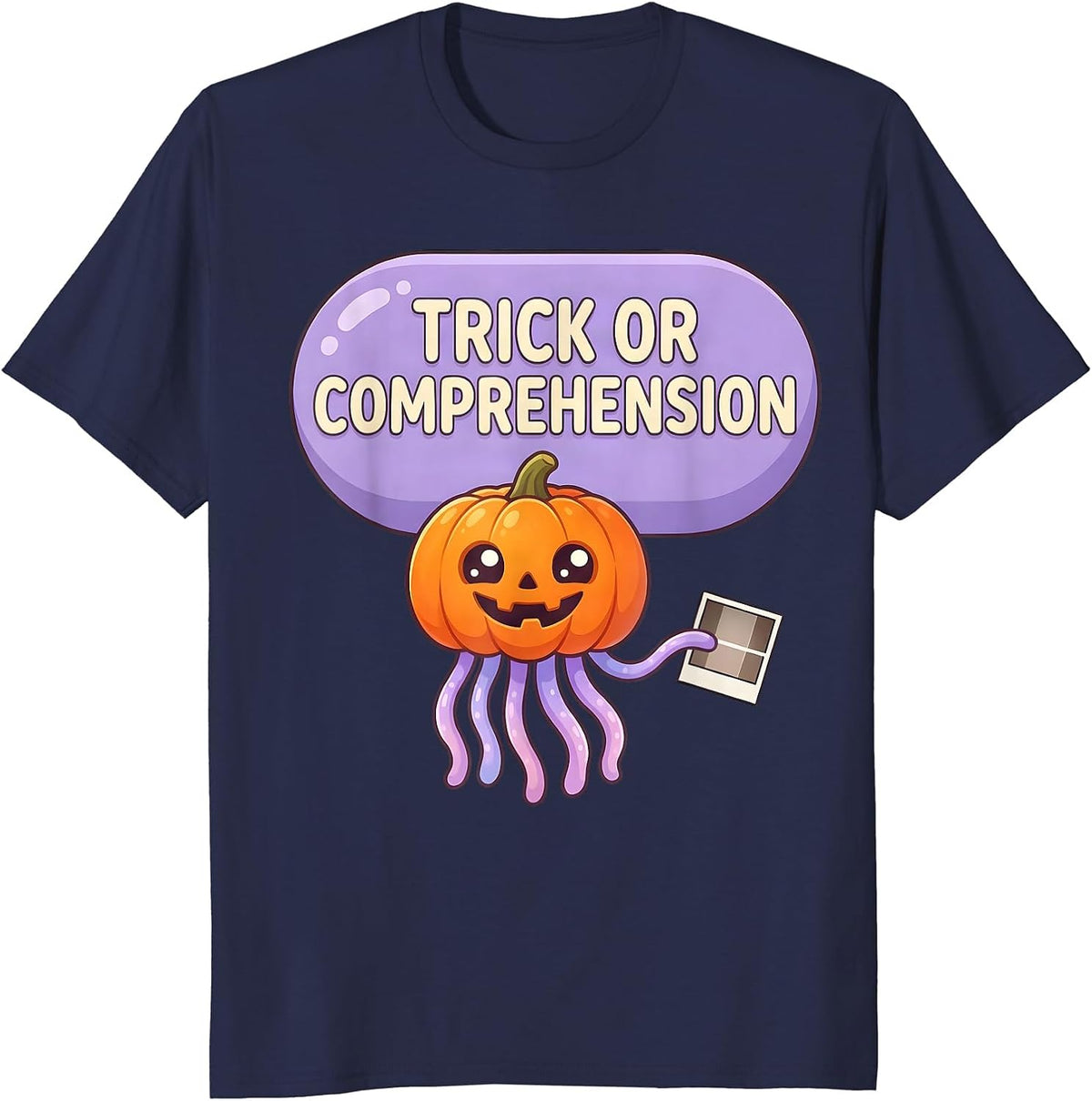 Trick Or Comprehension Cute Kawaii Halloween SLP Teacher T-Shirt - Navy Blue