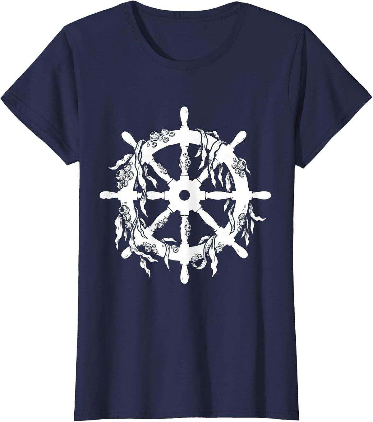 Women's Barnacle Ship Wheel Nautical Sailor Graphic T-Shirt - Navy Blue