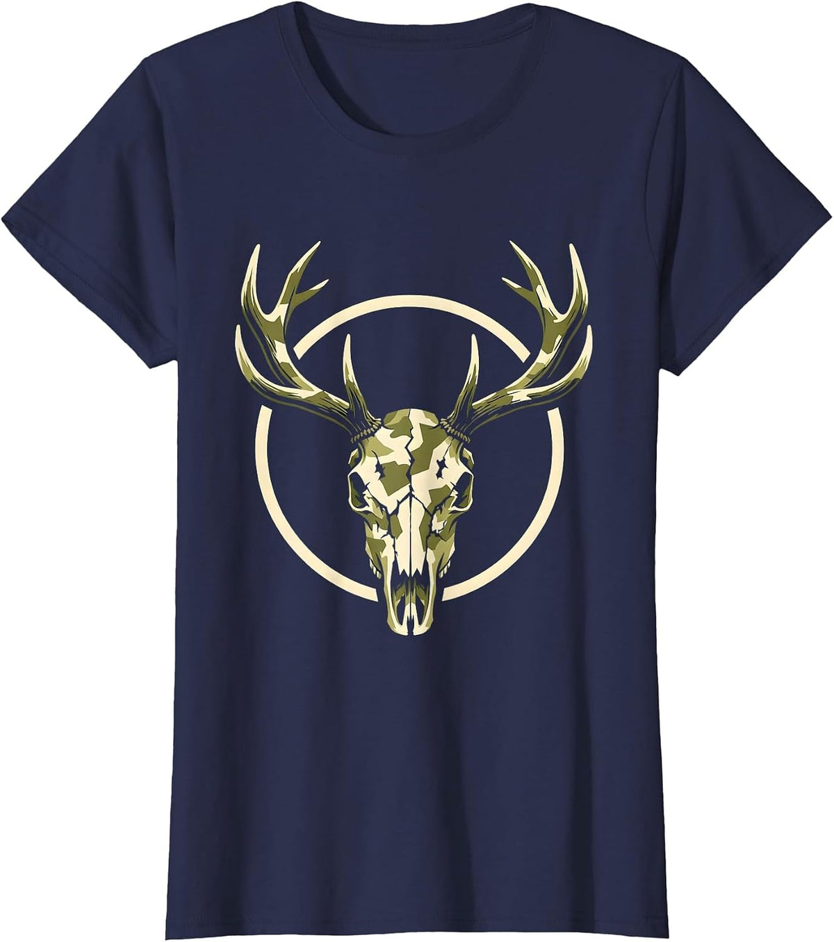 Women's Camo Elk Skull Antler Crown Graphic Tee T-Shirt - Navy Blue