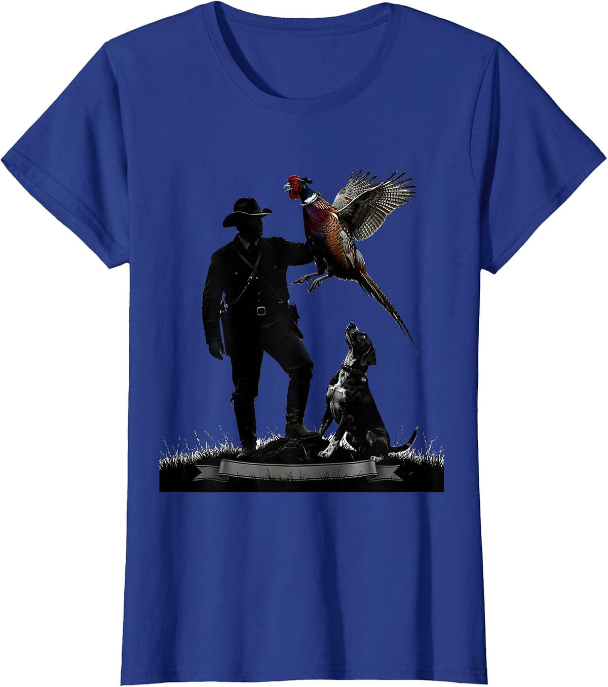 Women's Pheasant Hunter Silhouette Bird Dog Upland Hunting T-Shirt - Royal Blue