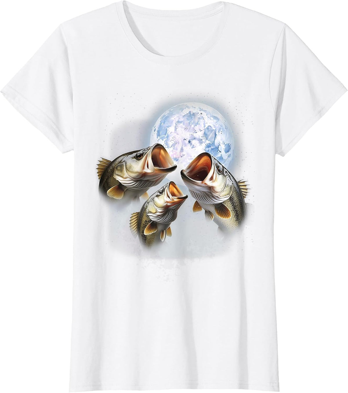 3 Bass Fish At The Moon Funny Bass Fishing Lover Fisherman T-Shirt - White
