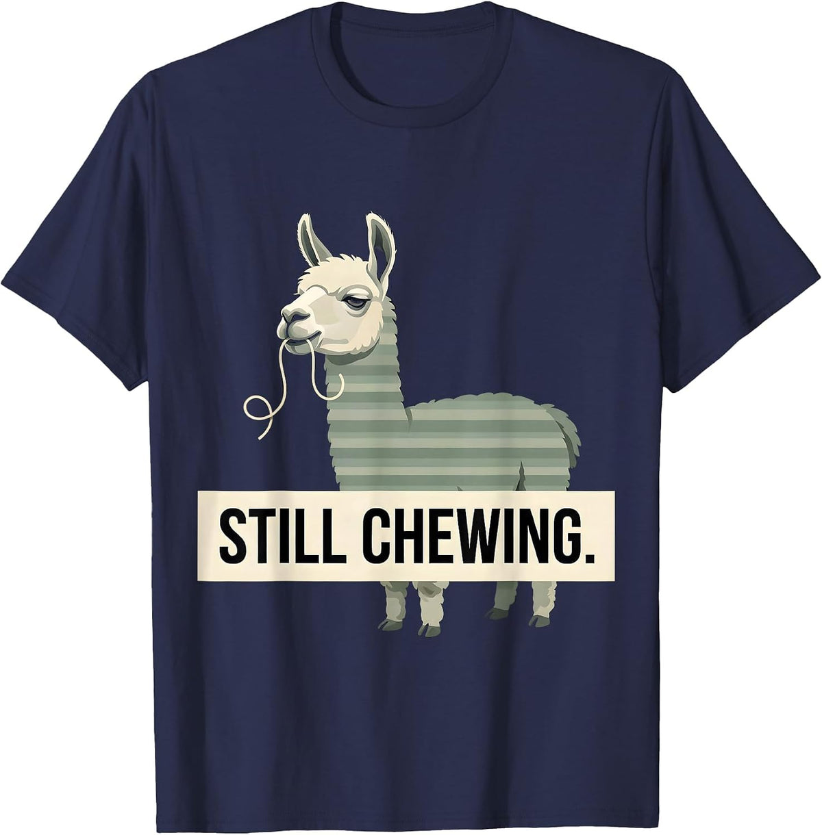 Men's Still Chewing Editorial Conceptual Llama Alpaca Humor Funny T-Shirt - Navy Blue