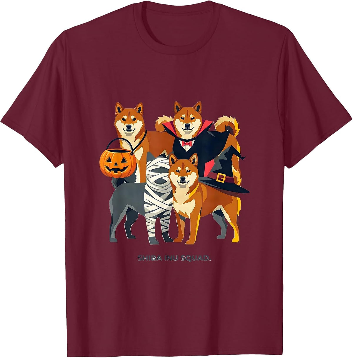 Men's Shiba Inu Squad Halloween Pumpkin Vampire Mummy Witch Dog T-Shirt - Burgundy
