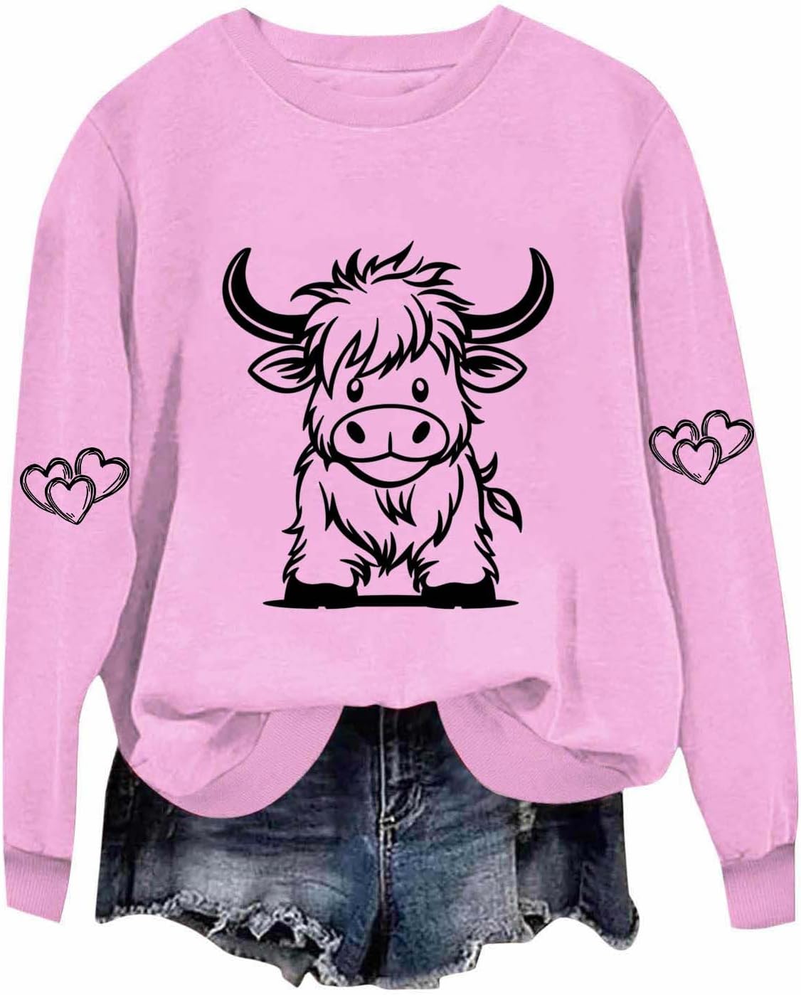 Highland Cow Shirts for Women Cute Funny Graphic Western Cowgirl Sweatshirts Long Sleeve Country Pullover Tops Loose - Pink