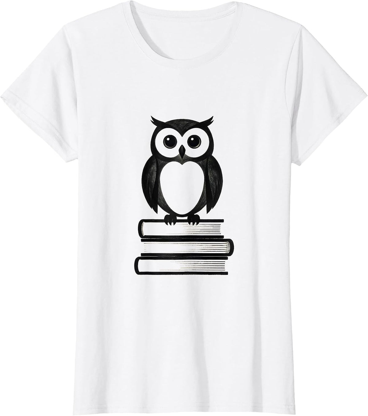 Owl Perched on Stack of Books Illustration T-Shirt - White