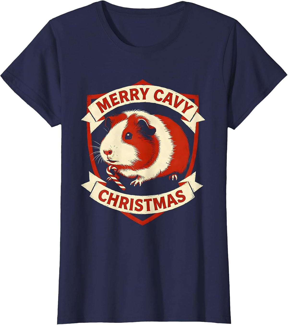 Women's Merry Cavy Christmas Funny Guinea Pig Pet Lover Holiday T-Shirt - Navy Blue