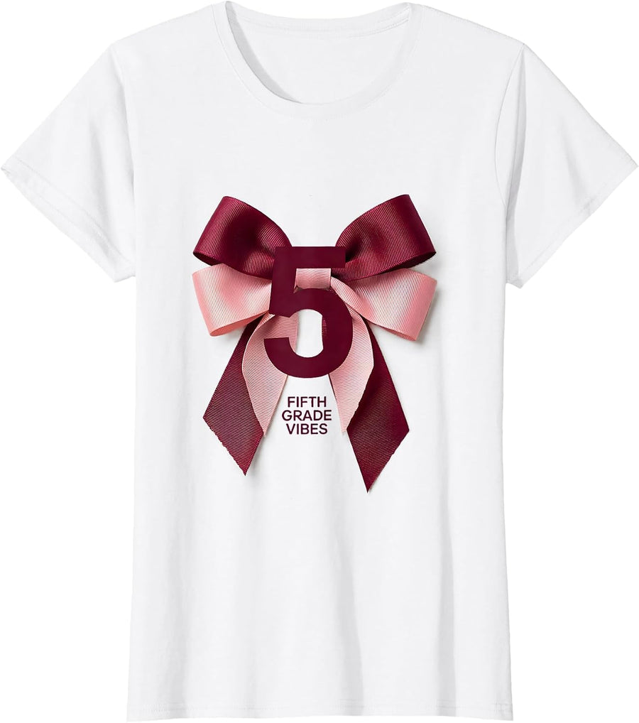 Women's Fifth Grade Vibes Coquette Bow Back to School Girls T-Shirt - White