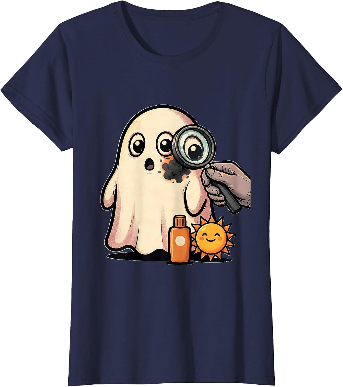 Women's Round Ghost Dermatology Skin Check Halloween T-Shirt - Navy Blue