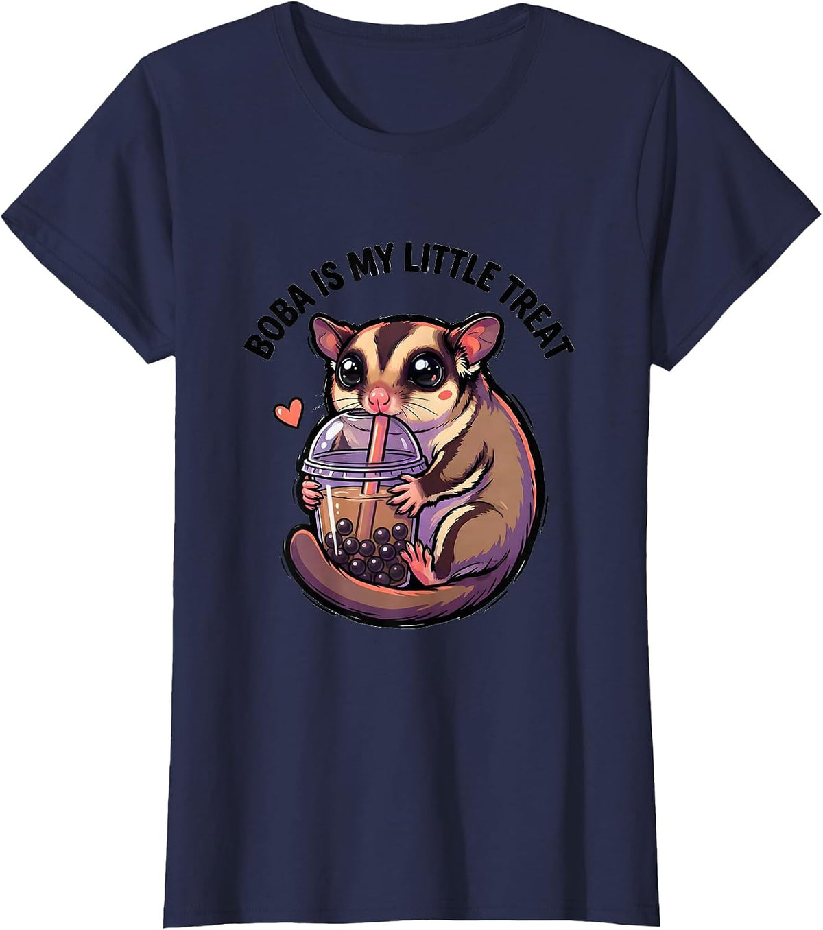 Women's Boba Is My Little Treat Cute Kawaii Sugar Glider Boba Tea T-Shirt - Navy Blue