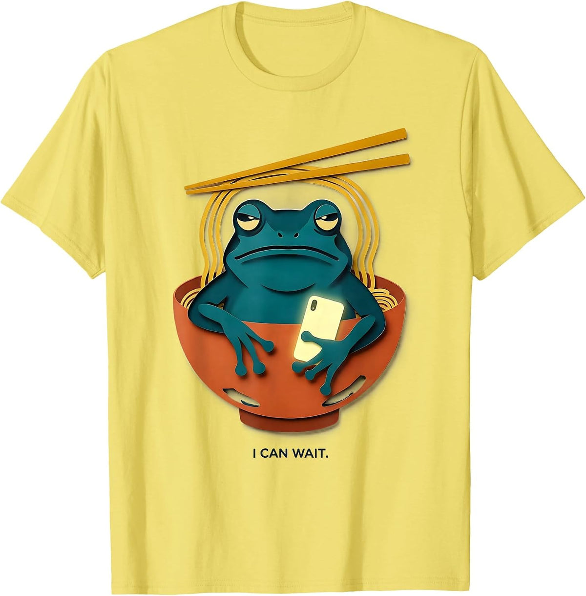 Men's I Can Wait Funny Grumpy Frog Ramen Anime Art Meme T-Shirt - Lemon Yellow