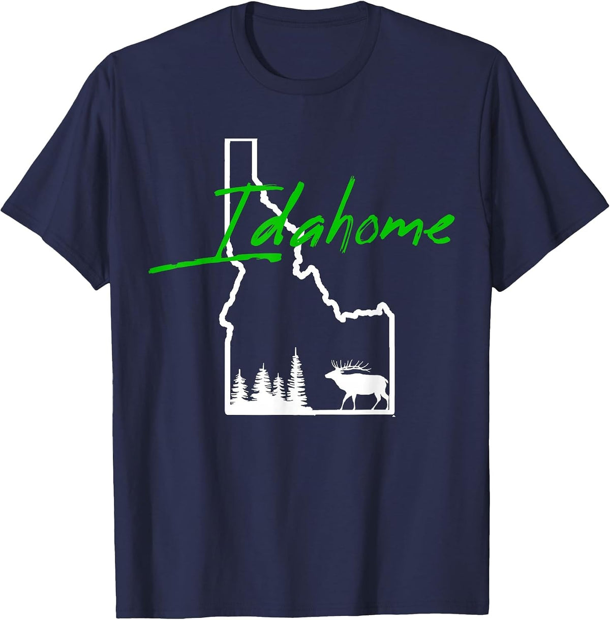 Idahome Tree Elk Silhouette Map Outline Cool Idaho Home T-Shirt - Navy Blue