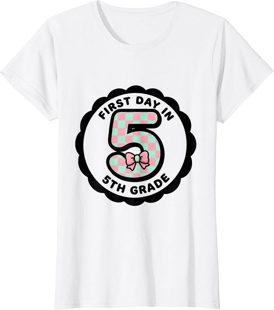Women's First Day In 5th Grade Cute Kawaii Girl Back To School T-Shirt - White