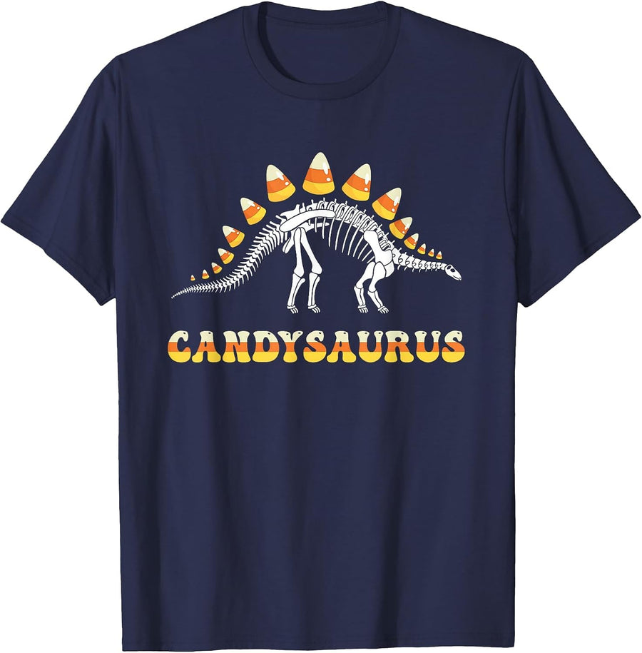 Funny Candysaurus Candy Corn Toddler Kid Dinosaur Halloween T-Shirt - Navy Blue