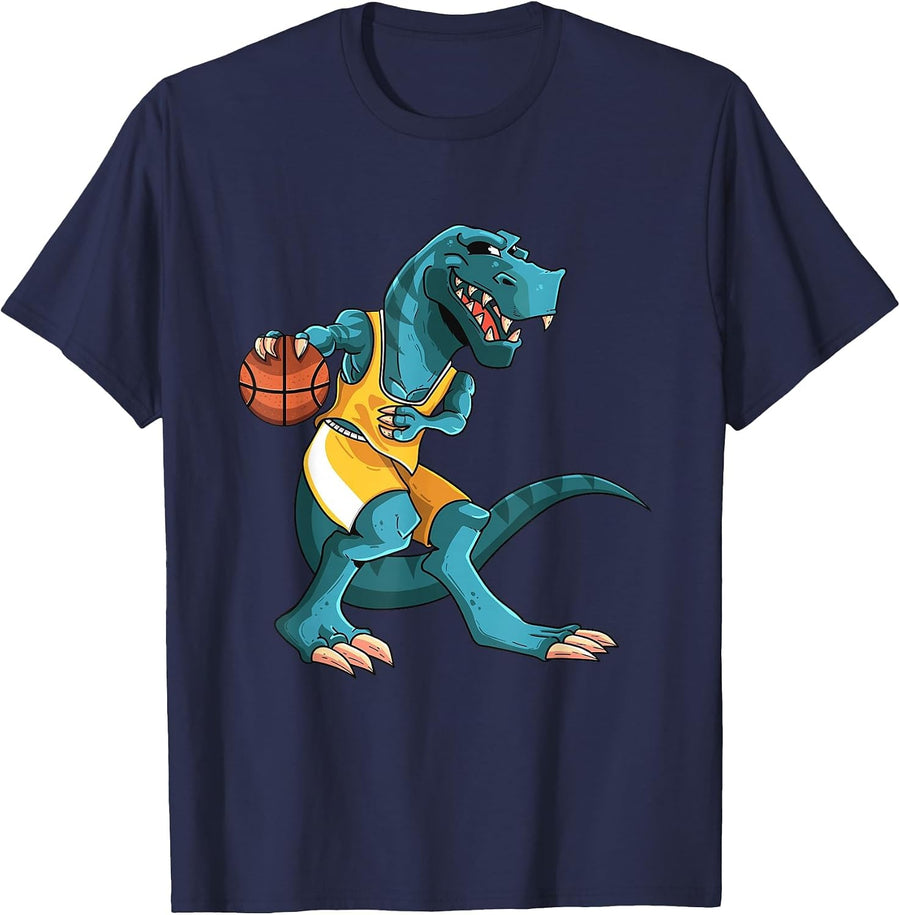 Funny Dino Playing Basketball T-Rex Lover Player Kids Boys T-Shirt - Navy Blue
