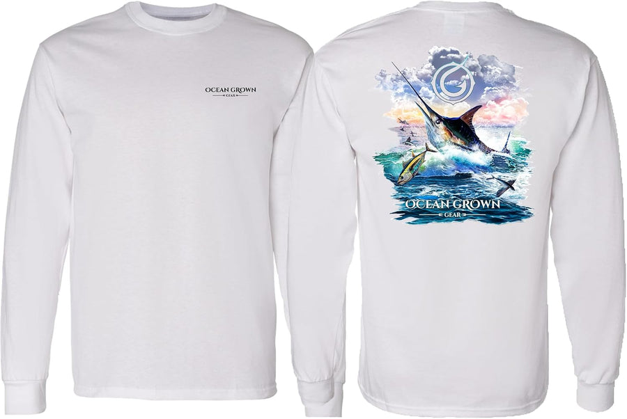 Ocean Grown Marlin Sunset Fishing T-Shirt Men's - Long Sleeve White