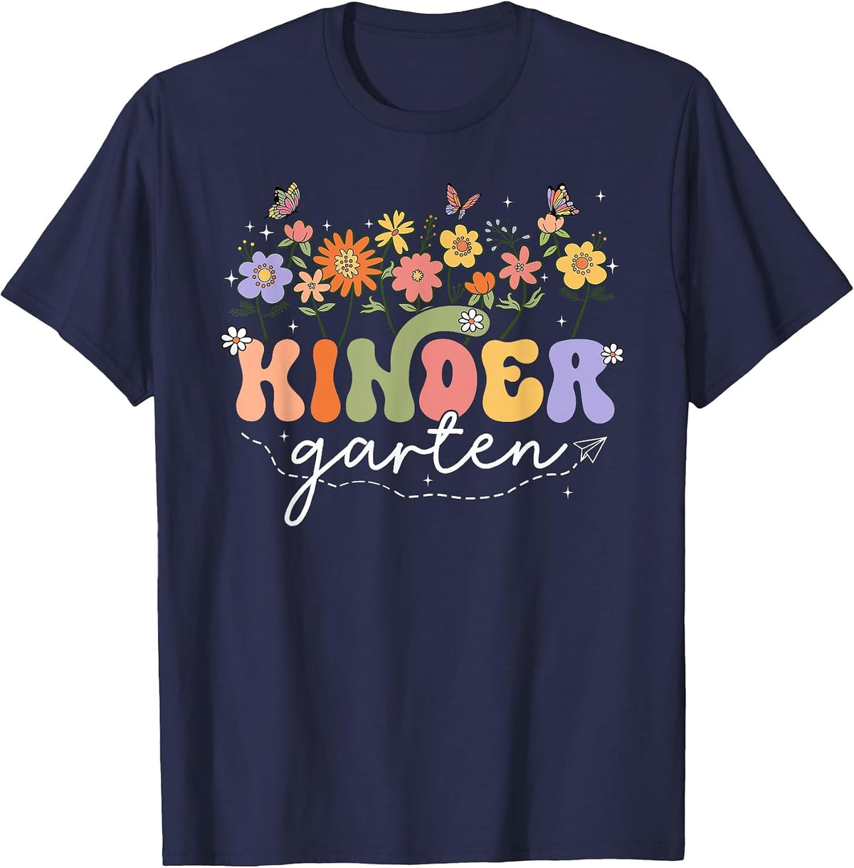 Kindergarten Teacher Wildflower Back to School Floral T-Shirt - Navy Blue