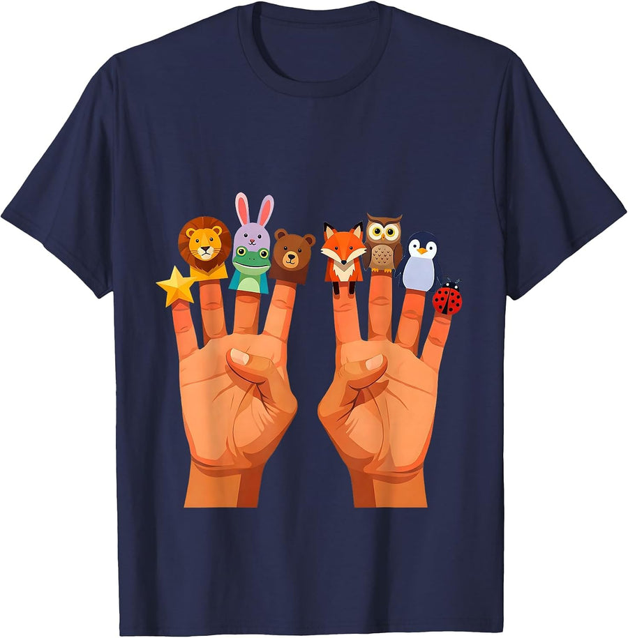 Kindergarten Teacher Finger Puppet Characters Tee T-Shirt - Navy Blue