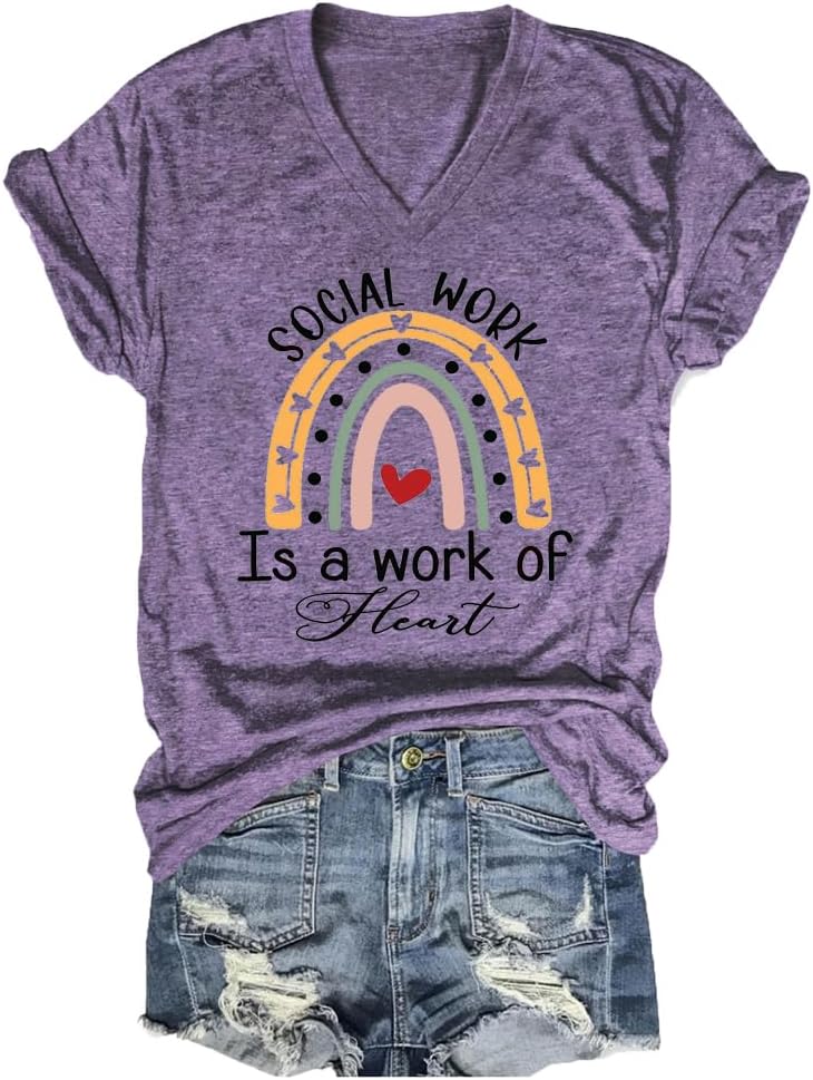 Social Worker Shirt Women's V-Neck Social Work is A Work of Heart T-Shirt Summer Social Services Graphic Tees Top - Purple