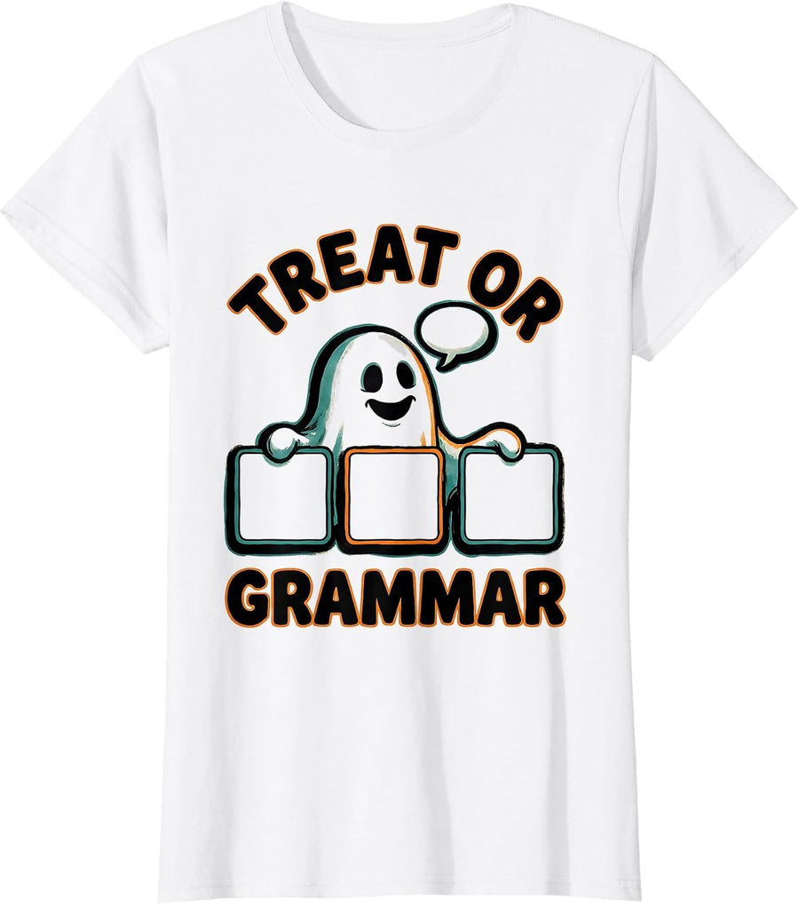 Women's Treat Or Grammar Cartoon Ghost Halloween SLP Teacher T-Shirt - White