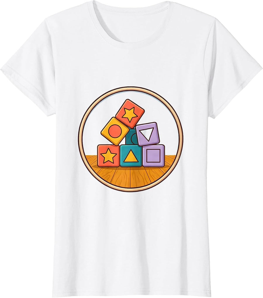 Women's Preschool Teacher Alphabet Blocks Graphic Tee T-Shirt - White