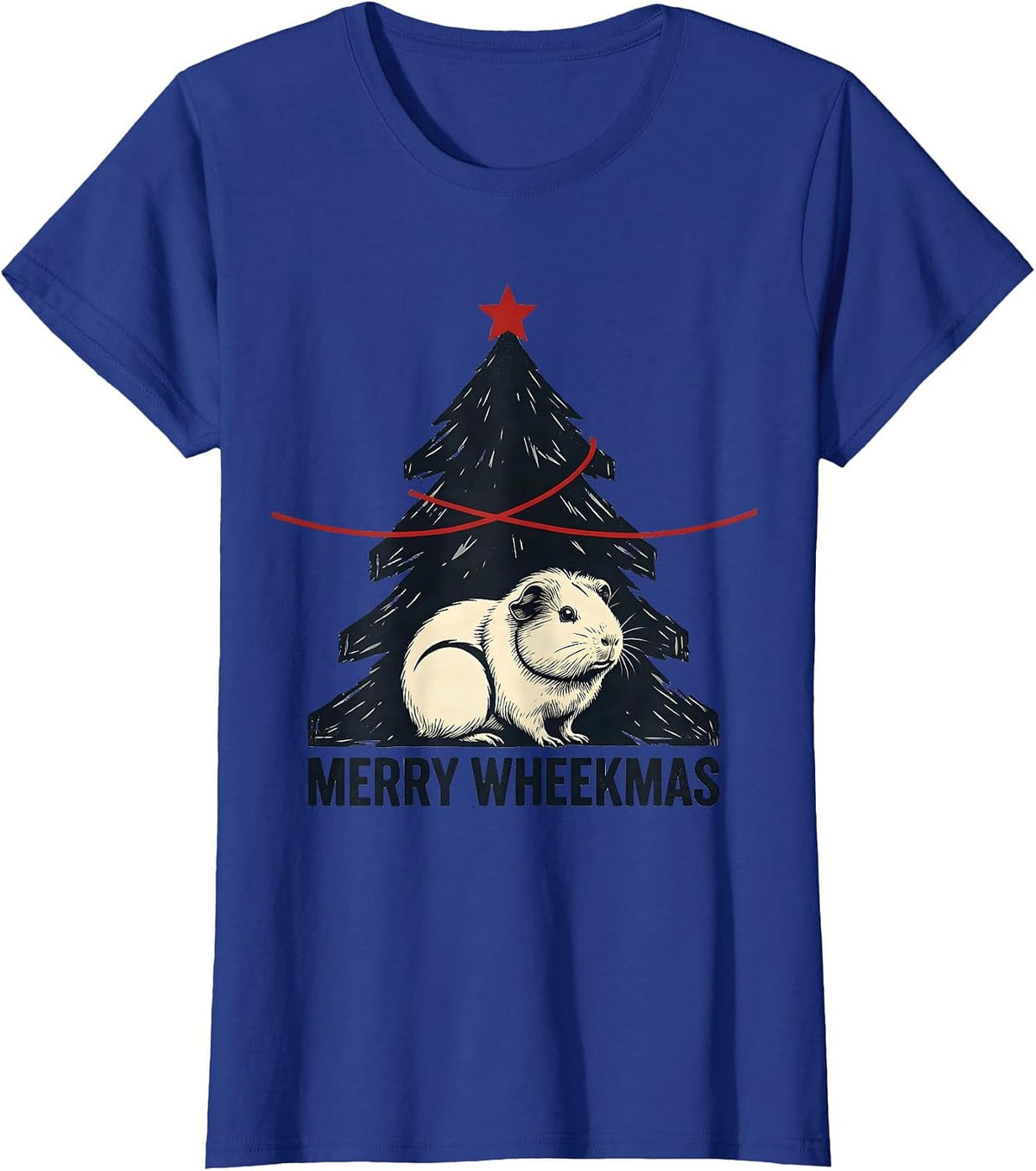 Women's Merry Wheekmas Linocut Guinea Pig Christmas Pet Lover Humor T-Shirt - Royal Blue