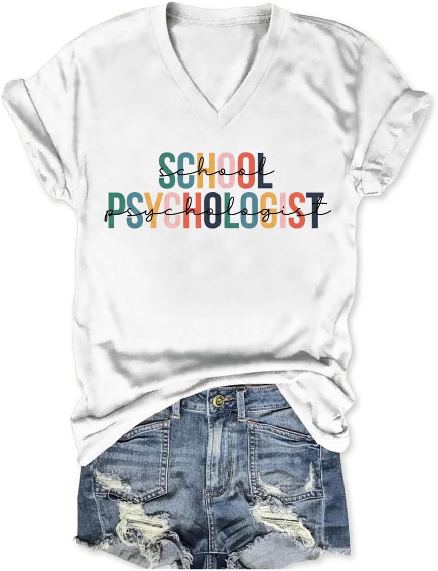 School Psychologist Shirt Women Teacher Mental Health Matters V Neck Shirts Funny School Counselor Graphic Tshirts - White