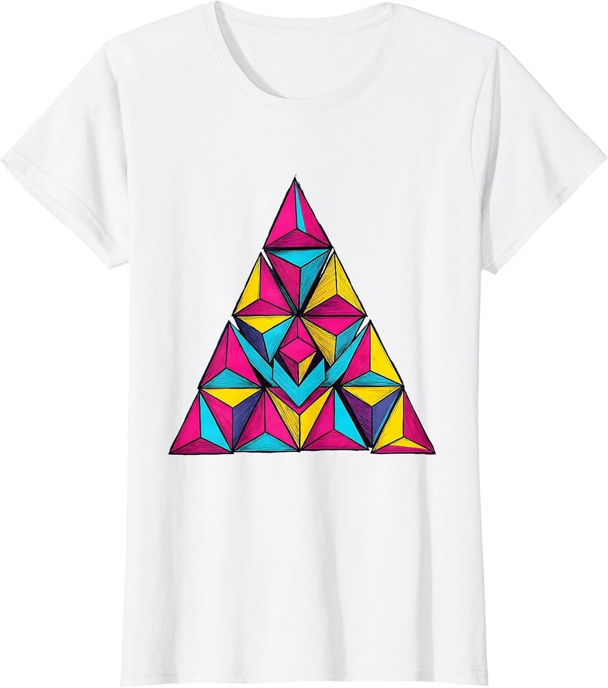 Women's Neon Geometric Triangle 80s Retro Design T-Shirt - White