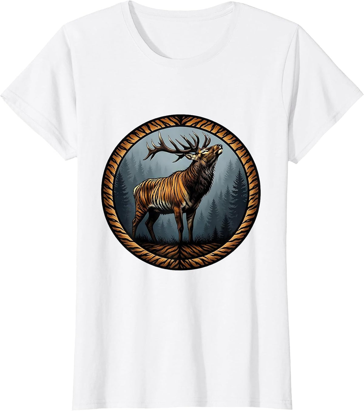 Elk Bugling at Dawn Camo Woodland Illustration T-Shirt - White