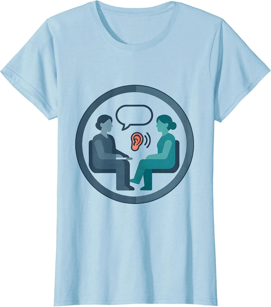 Women's Counselor Client Listening Badge Mental Health Worker Humor T-Shirt - Baby Blue