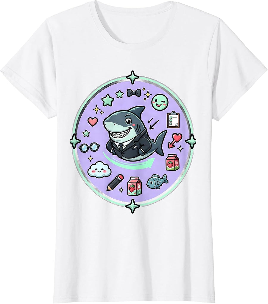 Women's Charming Shark in a Blazer Illustration T-Shirt - White