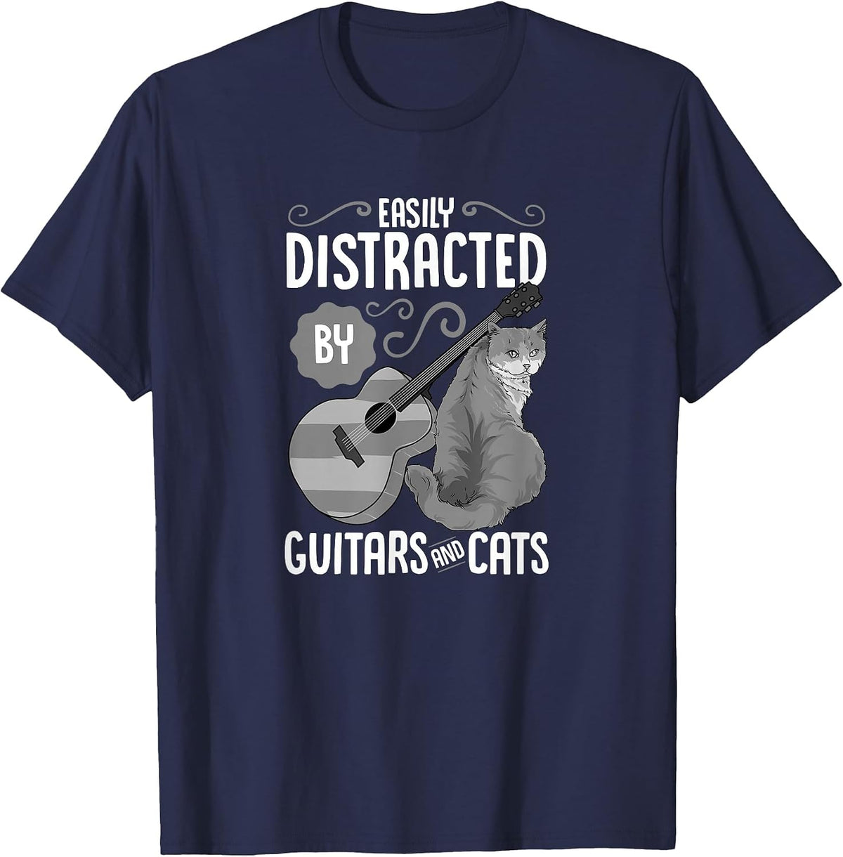 Easily Distracted by Guitars and Cats - Cat & Guitar Lover T-Shirt - Navy Blue