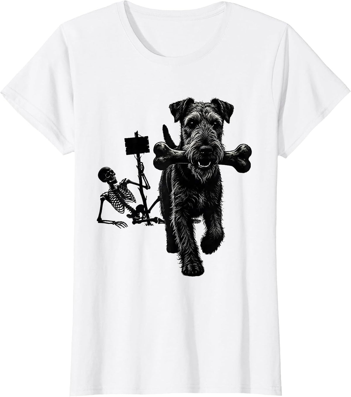 Women's Airedale Terrier Skeleton Chasing Funny Dog Mom Halloween T-Shirt - White
