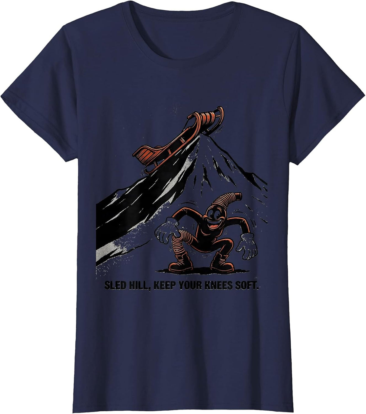Women's Sled Hill Keep Your Knees Soft Retro Cartoon Physical T-Shirt - Navy Blue