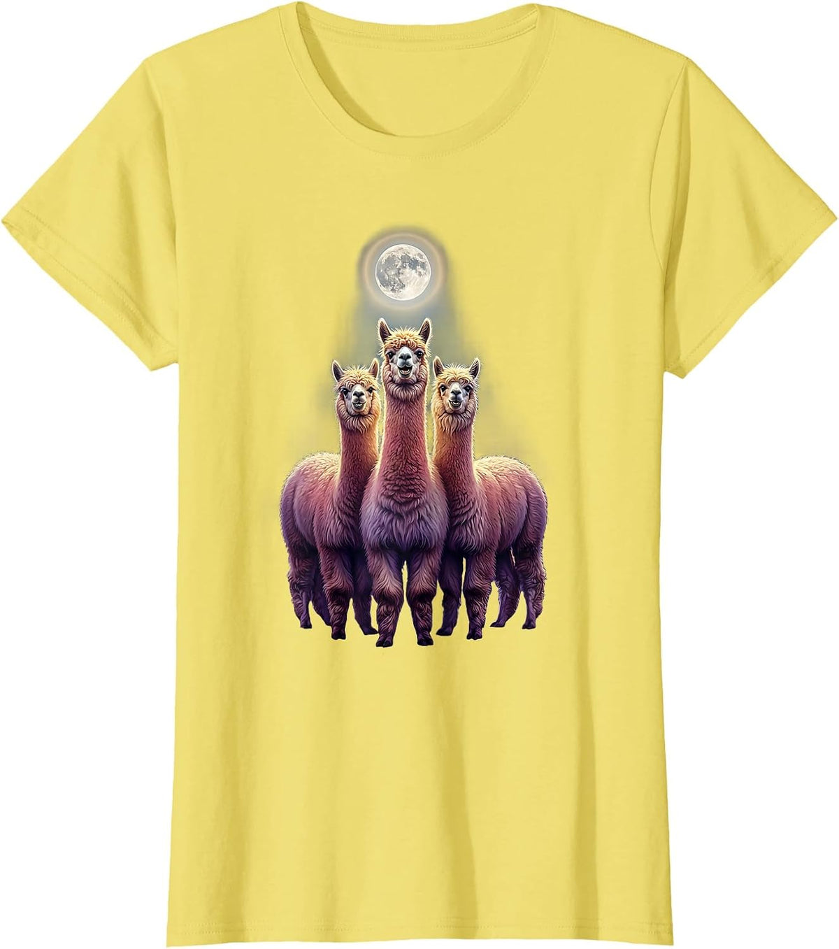 Three Alpaca Moon Howling Absurd Meme Humor T-Shirt - Lemon Yellow
