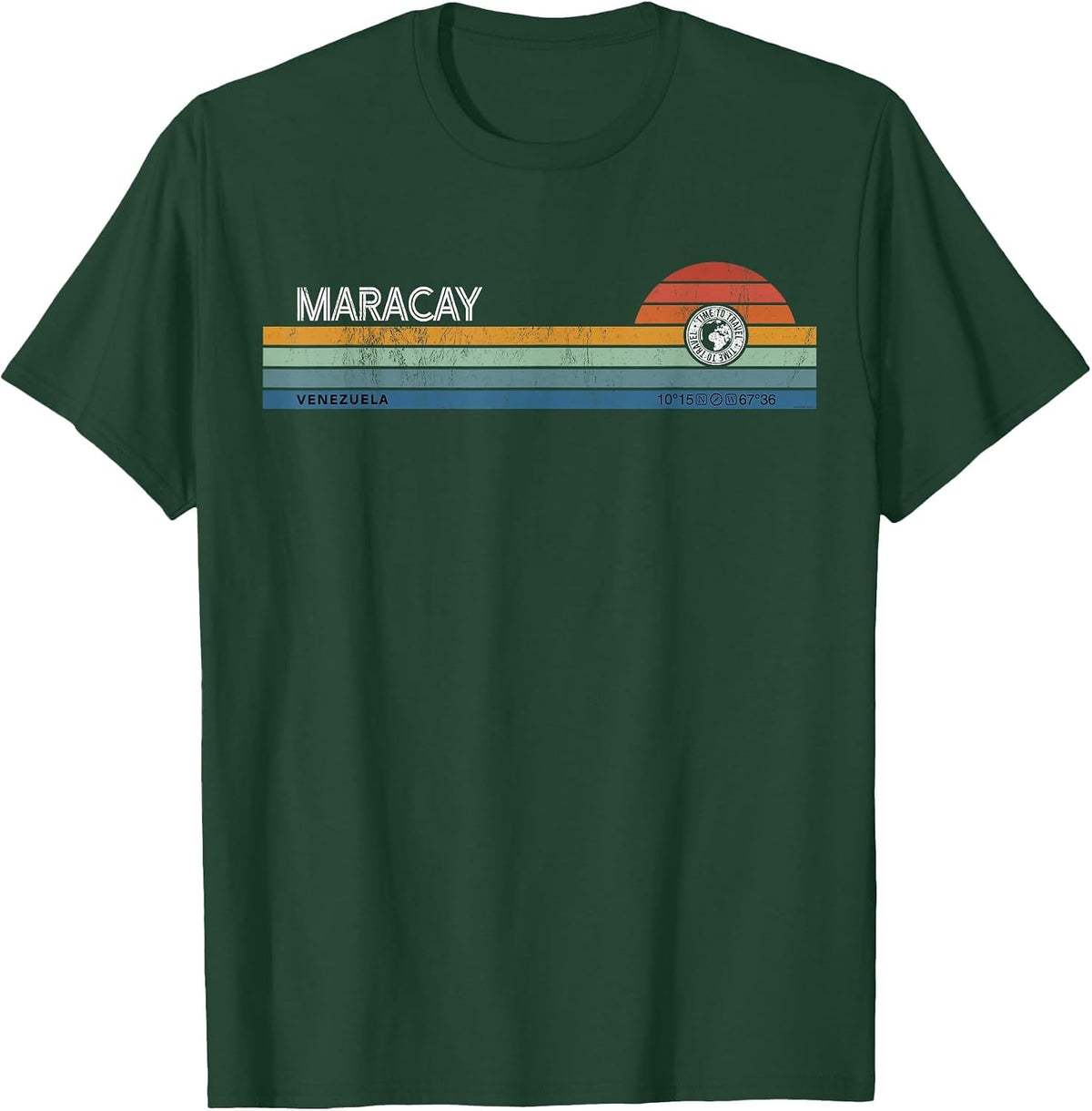 Maracay Venezuela Retro Sunset Rainbow Synth Striped T-Shirt - Dark Green