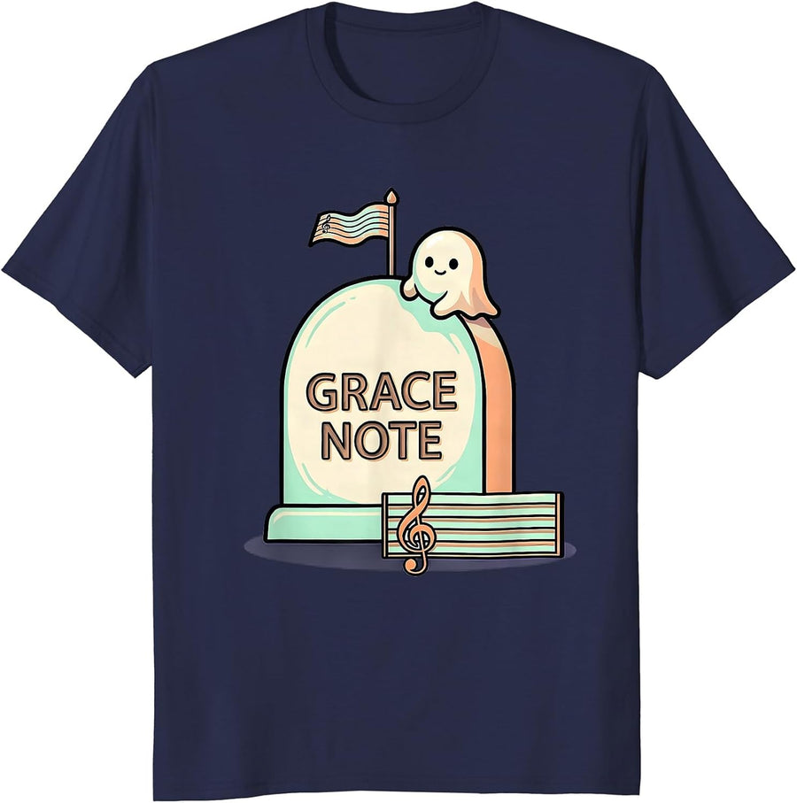 Grace Note Cute Kawaii Ghost Music Teacher Halloween Humor T-Shirt - Navy Blue