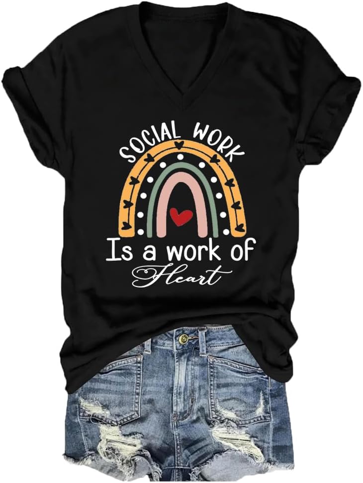 Social Worker Shirt Women's V-Neck Social Work is A Work of Heart T-Shirt Summer Social Services Graphic Tees Top - Black
