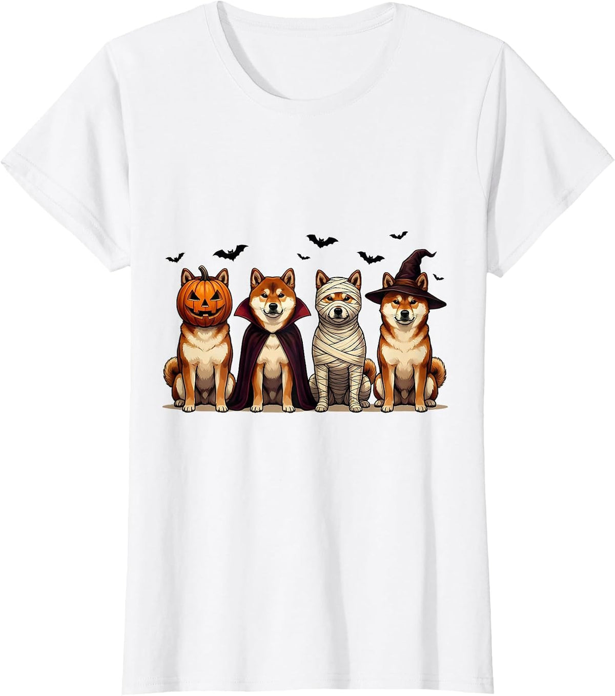 Women's Halloween Shiba Inu Squad Pumpkin Vampire Mummy Witch Dog T-Shirt - White