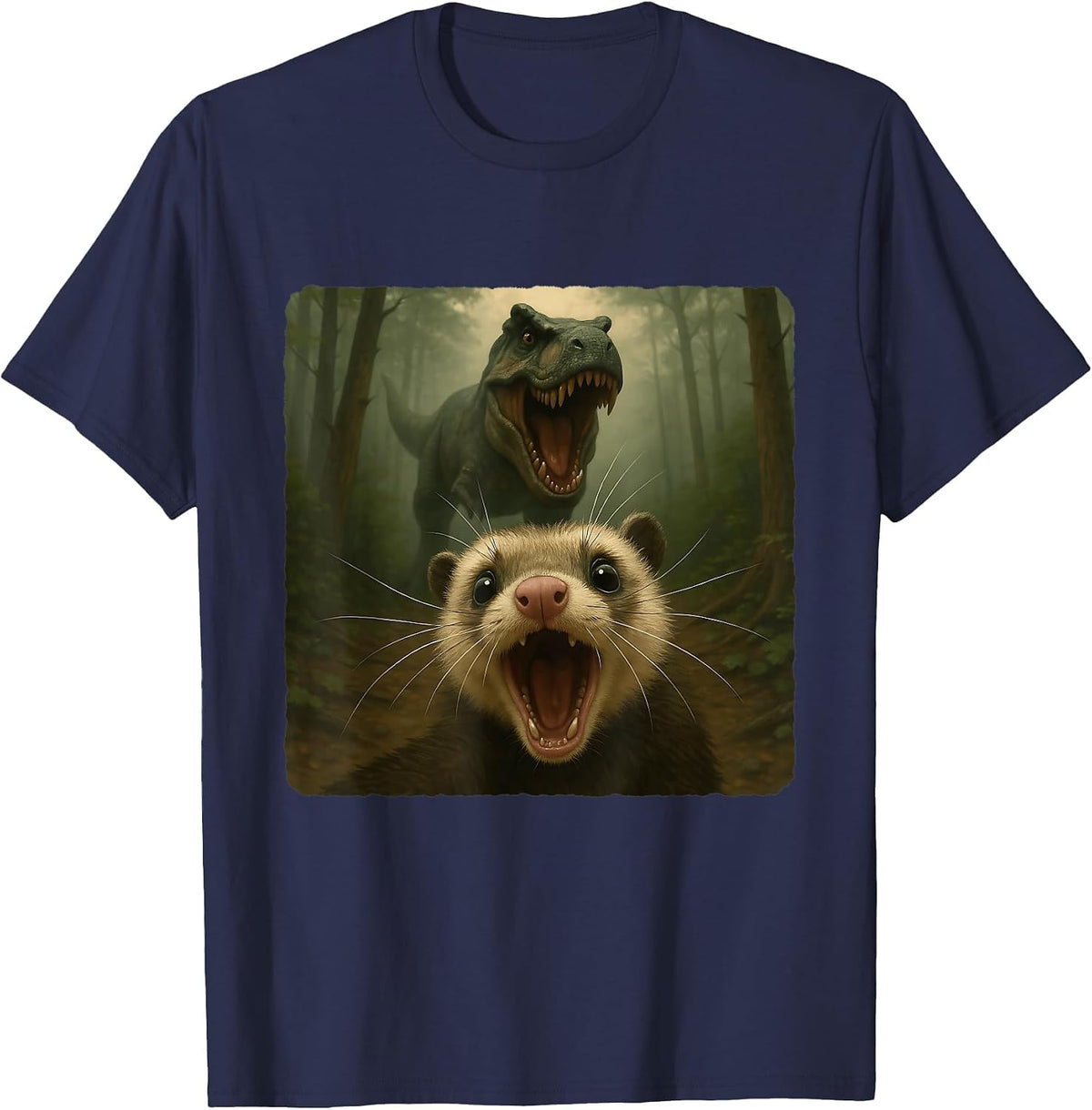 Ferret Selfie T-Rex Dinosaur Chase Funny Humor T-Shirt - Navy Blue