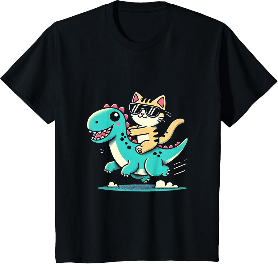 Cool Cat Riding Dinosaur T-Shirt - Black