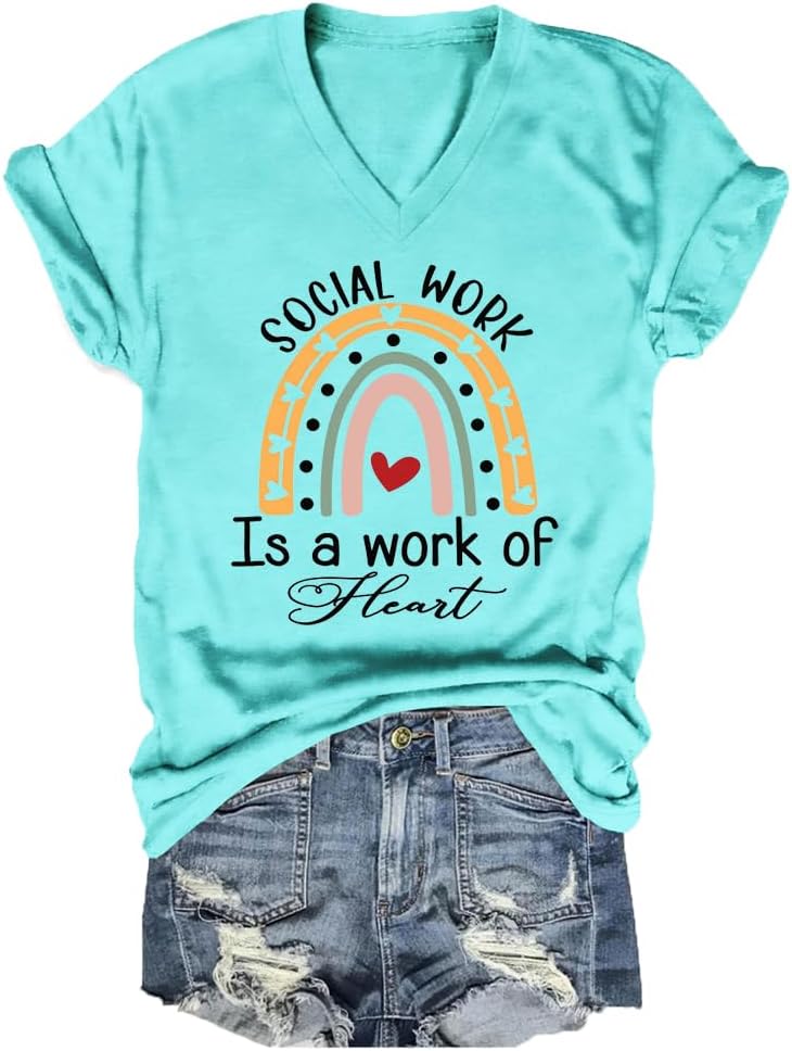 Social Worker Shirt Women's V-Neck Social Work is A Work of Heart T-Shirt Summer Social Services Graphic Tees Top - Sky Blue